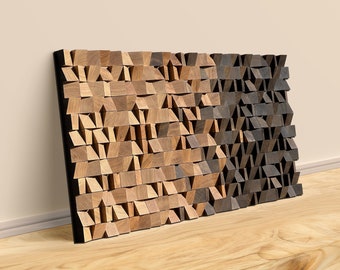 May include: A wall-mounted geometric art piece made of wood. The piece is composed of a series of triangular shapes, with the left side being a light wood color and the right side being a dark wood color.