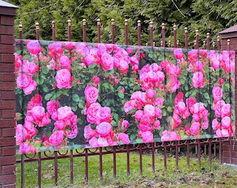 Garden Art Outdoor Privacy Screen, print pink roses, outdoor privacy, сustom fence screen patio screen, green backyard with pool patio fence