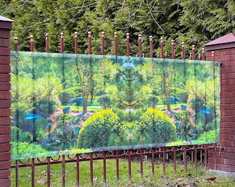 Garden Art Outdoor Privacy Screen, print green oasis, outdoor privacy сustom fence screen, patio screen Green backyard with pool patio fence