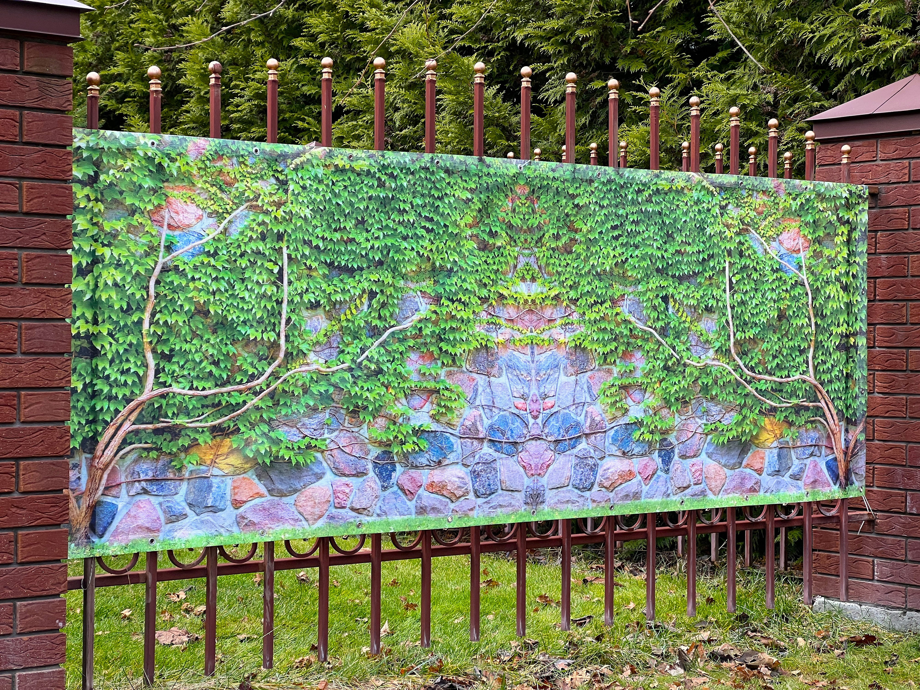 Garden Art Outdoor Privacy Screen, print green ivy on a stone wall, outdoor privacy сustom fence screen Green backyard with pool patio fence