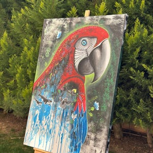 Vibrant Acrylic Parrot Painting on Canvas – Colorful Bird Wall Art, Tropical Wildlife Home Decor, Hand-Painted Original Artwork