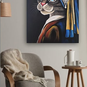 Pearl-Earring Cat - Original Oil Painting, Feline Portrait, Elegant Cat Art, Whimsical Animal Decor, Handmade Canvas Artwork