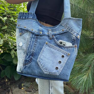 Upcycled Denim Patchwork Shoulder Bag, Handmade Jean Tote Handbag, Y2K Style Bag