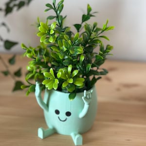 May include: A light green, egg-shaped planter with a smiling face and arms raised in a rock-on gesture. The planter is filled with vibrant green artificial foliage. The planter sits on a wooden surface.