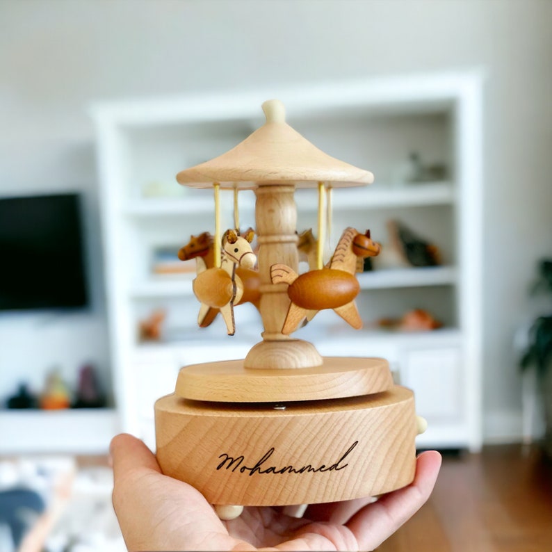 Personalised Name Music Carousel, Custom Wooden Handmade Music Box