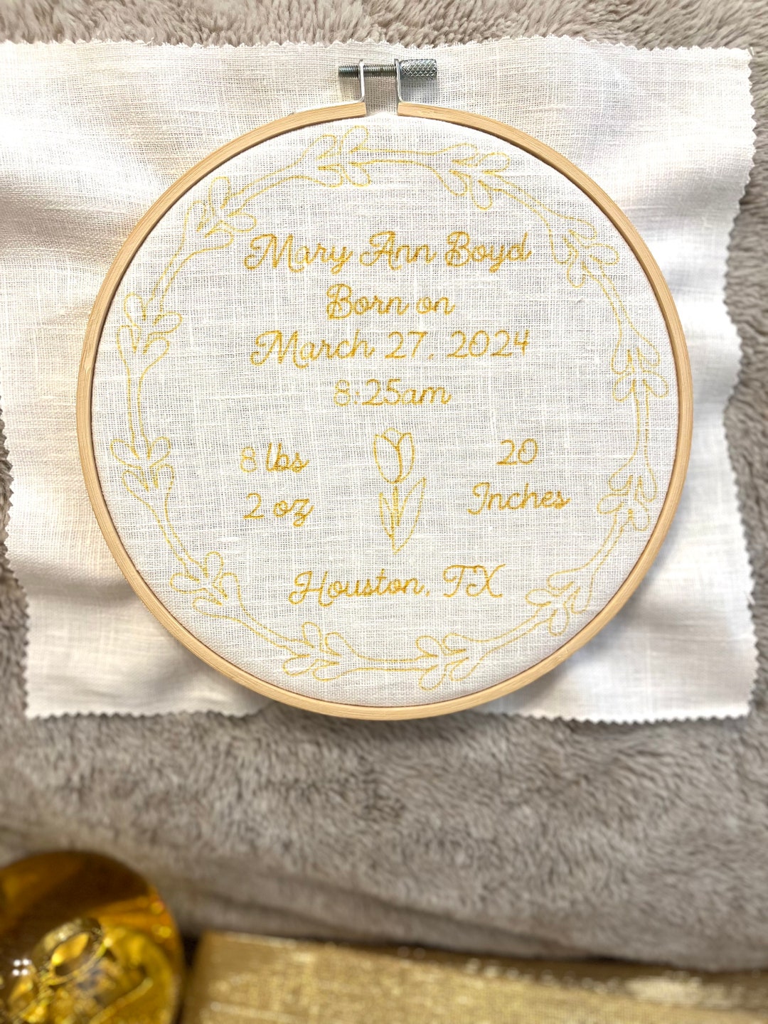 DIY Embroidery Birth Announcement Pattern With Tulip Design on Linen ...