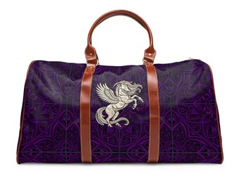 Silver Pegasus Doodle Waterproof Travel Bag | Purple Celtic Pattern
