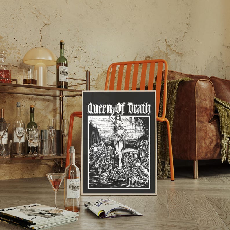 May include: A framed black and white print with the text "Queen of Death" in a gothic font. The artwork depicts a woman standing above a group of skeletal figures. The print is displayed near a bar cart with bottles and glasses.