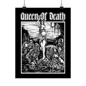May include: Black and white poster featuring the text "Queen of Death" above a gothic illustration. The artwork depicts a woman standing on a rock, surrounded by skeletal figures in a dark, watery environment.