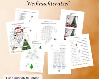 May include: A set of five Christmas-themed puzzles for children ages 10 and up. The puzzles include a crossword puzzle, a word search, a picture puzzle, a find the differences puzzle, and a word scramble. The puzzles are printed on white paper with black and red text.