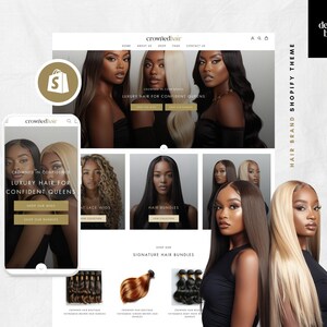 May include: A website homepage for a hair extensions company called "crownedhair". The website features images of women with long, flowing hair, and the text "Crowned in Confidence, Luxury Hair for Confident Queens".