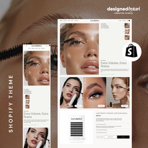 Puede incluir: Diseño de sitio web para una marca de belleza, con el texto "Extra Volume, Extra Drama" y "Lash District". El diseño incluye imágenes de modelos con pestañas realzadas y un icono de bolsa de la compra.