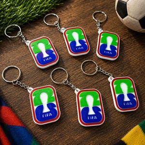 May include: A collection of keychains with a rectangular design. Each keychain features a green and blue graphic with the word "FIFA" in white. The keychains have a silver chain and ring. A soccer ball is visible in the background.