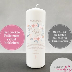 DIY candle sticker baptismal candle "Mia" with and without baptismal motto | pink floral white baptism candle tattoos for boys and girls with personalization
