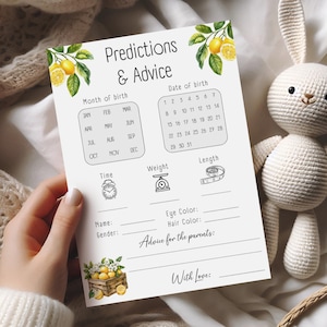 Citroen babyshower voorspellingen en advieskaarten, afdrukbare babyspellen, citrusthema, leuke babyshoweractiviteit BS14