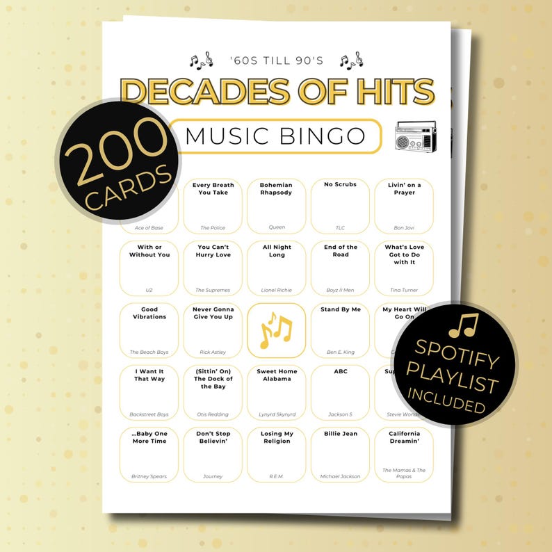 Decades of Hits Music Bingo card featuring 60s 70s 80s and 90s songs, printable music bingo game for adults