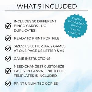 What’s included in the Mingle Bingo game: 50 different bingo cards with no duplicates, printable PDF and Canva editable