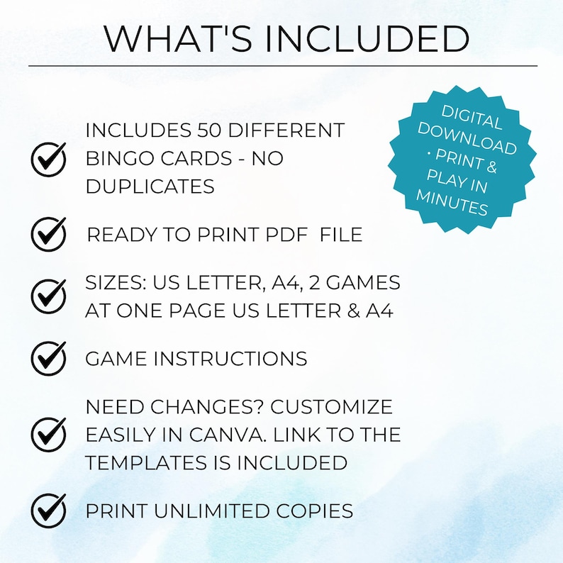 What’s included in the Mingle Bingo game: 50 different bingo cards with no duplicates, printable PDF and Canva editable