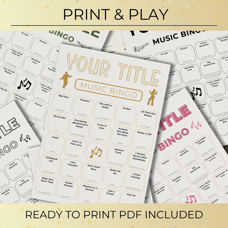 Custom Music Bingo, 50 Cards, Printable Party Game with Your Playlist, Instant Download for Fun Gatherings