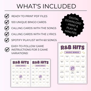 R&B Music Bingo, 100 Unique Cards with Spotify Playlist, Printable Party Game & Music Night Activity