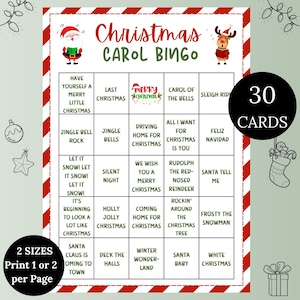 Afdrukbare kerstliedbingo – 30 muziekbingokaarten, leuk kerstliedspel voor vakantie, familie-, klas- en kantoorbingo