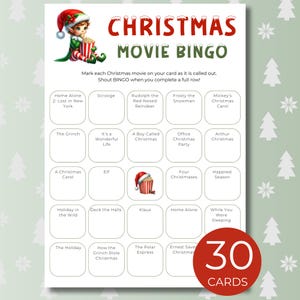 Christmas Movie Bingo Printable, 30 Holiday Bingo Cards for Family, Kids & Party Game, Fun Festive Movie Activity