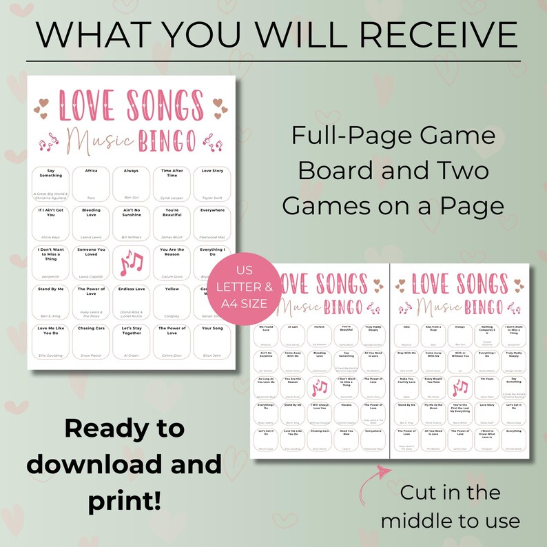 Love Songs Music Bingo, Fun Printable Game, Valentine's Day Celebration, 30 Cards, Music Party Activity