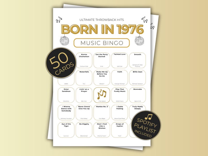 Born in 1976 Music Bingo, 50th Birthday, 50 Printable Cards, Spotify Playlist, 70s 80s 90s Music Party Game, Instant Download