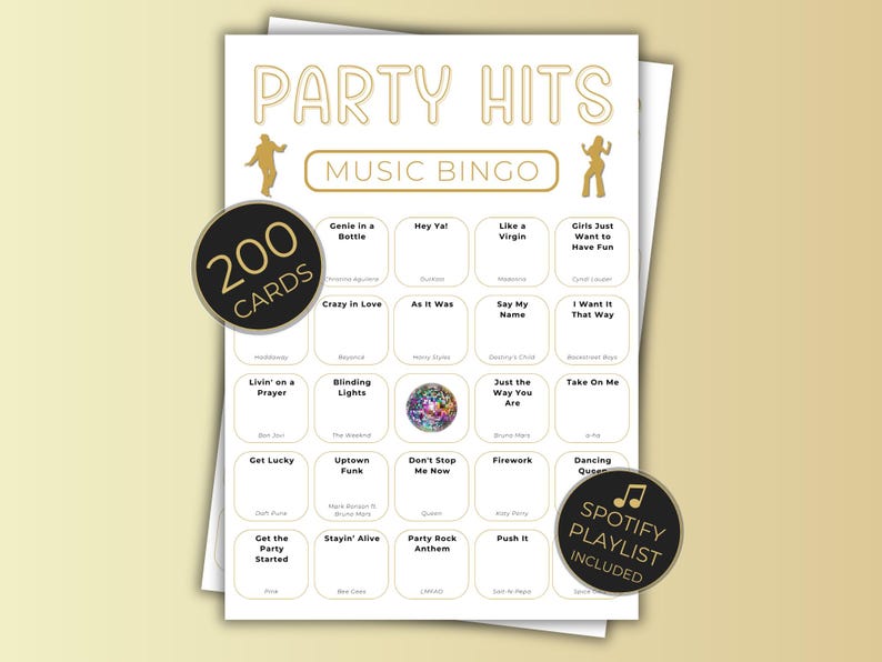 Party Hits Music Bingo printable showing multiple unique bingo cards with gold and beige design, party music bingo game with 200 cards.