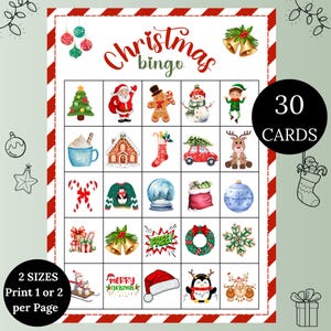 Bingo de Natal, jogos de Natal para a família, 30 cartões de bingo, bingo de trabalho e feriado, bingo de reunião de família, jogo de festa de Natal divertido para imprimir