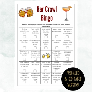Bar Crawl Bingo – Editable Pub Crawl Bingo Game, Fun Bar Crawl Printable for Parties, Night Out, Bar Crawl Games, Customizable in Canva