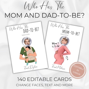 Juego para el baby shower "¿Quién tiene a los futuros papás?", divertidas tarjetas para rascar imprimibles y editables, descarga instantánea.