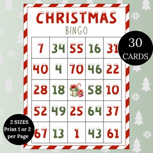 Bingo met kerstnummer - 30 afdrukbare bingokaarten, leuke kerstfamiliespellen, kerstbingo voor kinderen en volwassenen, kerstfeestspel, digitaal