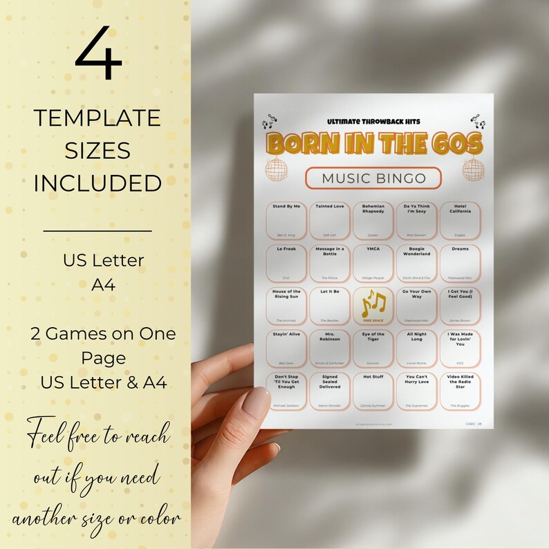 Born in the 60s Music Bingo, 400 Cards Printable, 1960s Retro Party Game, Large Group Birthday Activity, Sportify Playlist, Instant Download