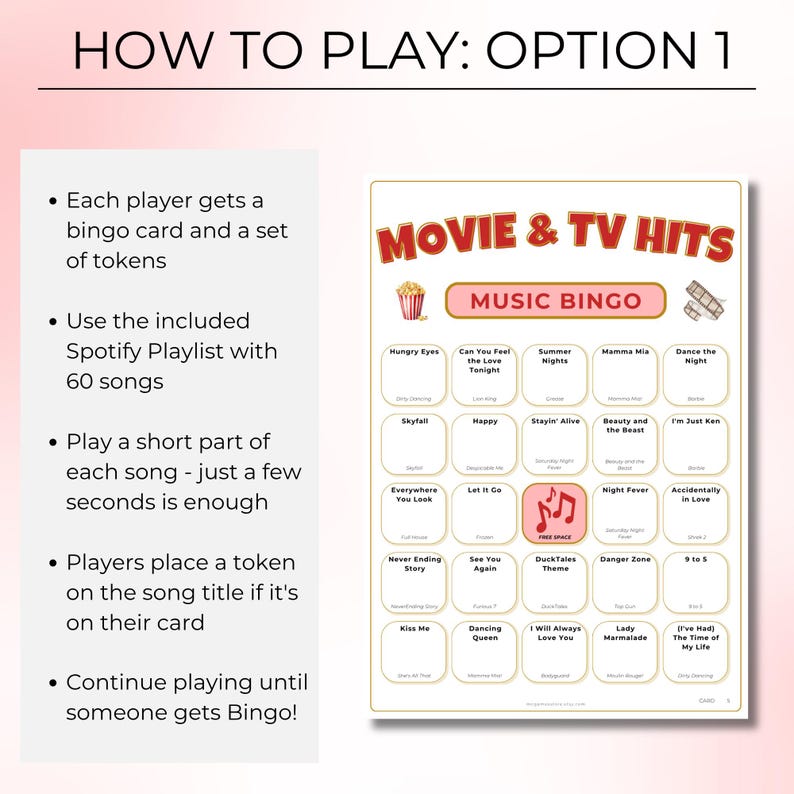 Movies & Shows Music Bingo, Fun Printable Game for Parties, 100 Bingo Cards + Spotify Playlist for Game Night
