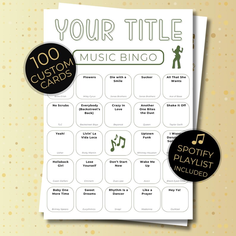 Custom music bingo card preview with personalized title, sample song titles, and badges showing 100 custom cards and Spotify playlist included.