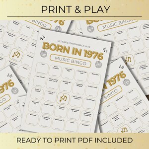 Born in 1976 Music Bingo, 50th Birthday, 50 Printable Cards, Spotify Playlist, 70s 80s 90s Music Party Game, Instant Download