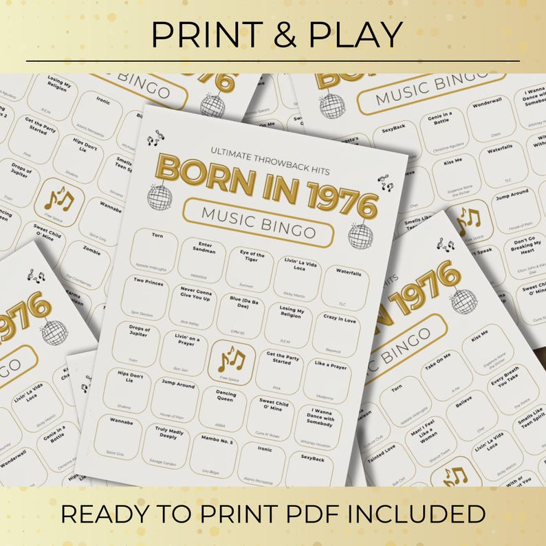 Born in 1976 Music Bingo, 50th Birthday, 50 Printable Cards, Spotify Playlist, 70s 80s 90s Music Party Game, Instant Download