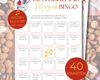 Printbare Sinterklaas Muziek Bingo con 40 cartas, 35 populares Sinterklaasliedjes, incluida la lista de reproducción de Spotify, Pakjesavond