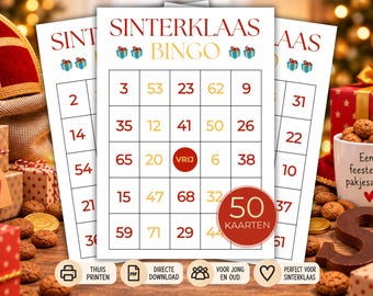 Sinterklaas Nummer Bingo Printable, 50 Kaarten, Leuk spel voor Pakjesavond en familiefeest, Direct te downloaden