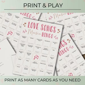 Love Songs Music Bingo, Fun Printable Game, Valentine's Day Celebration, 30 Cards, Music Party Activity