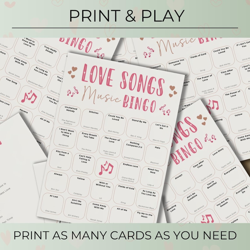 Love Songs Music Bingo, Fun Printable Game, Valentine's Day Celebration, 30 Cards, Music Party Activity