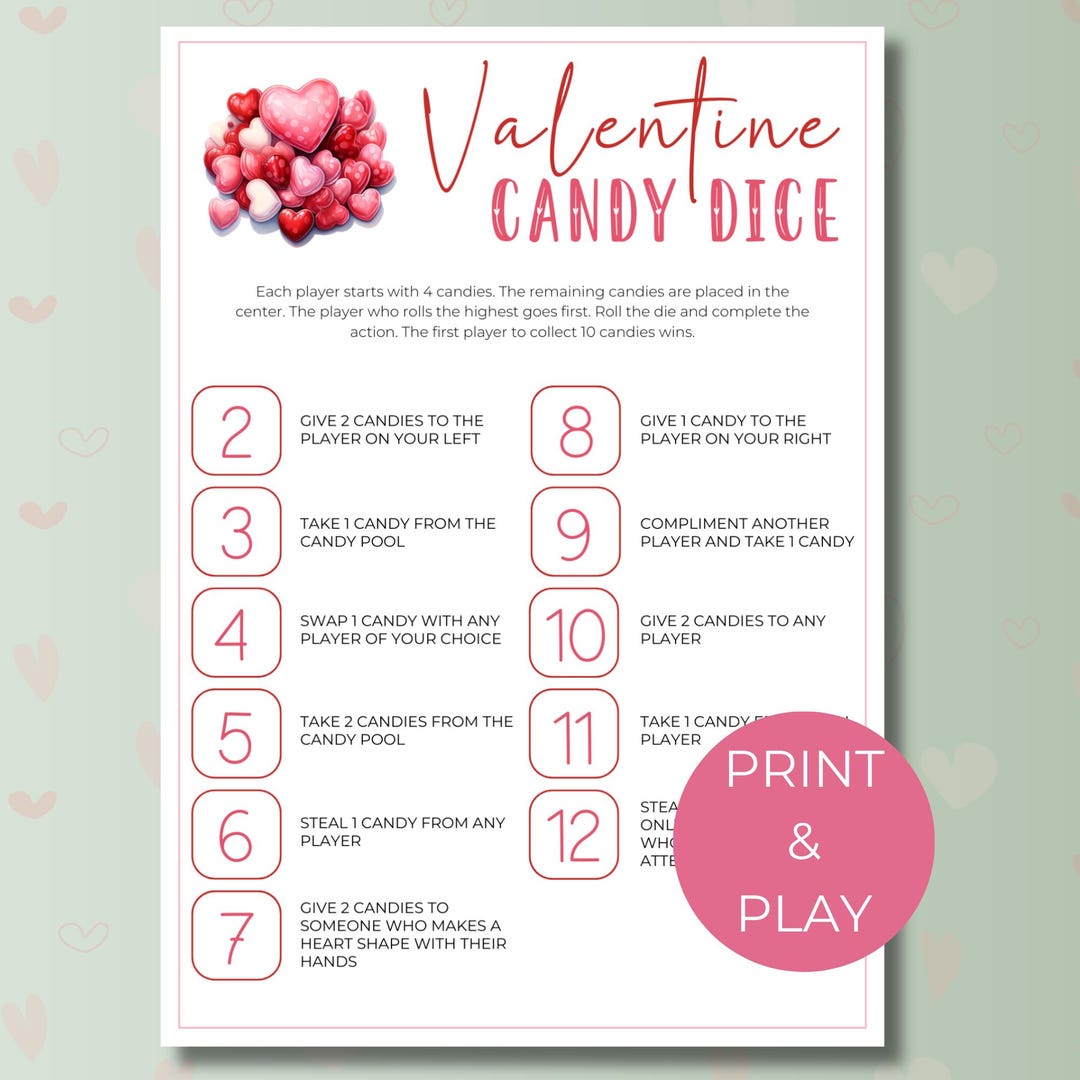 Valentine Candy Dice Game Printable, Fun Valentine Party Activity for ...