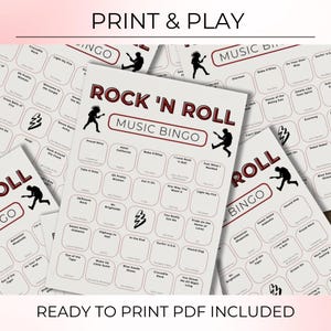 May include: Several Rock 'N Roll Music Bingo game cards are displayed. The cards are white with a red border and feature song titles and the words "Rock 'N Roll Music Bingo". The phrase "Print & Play" is at the top.