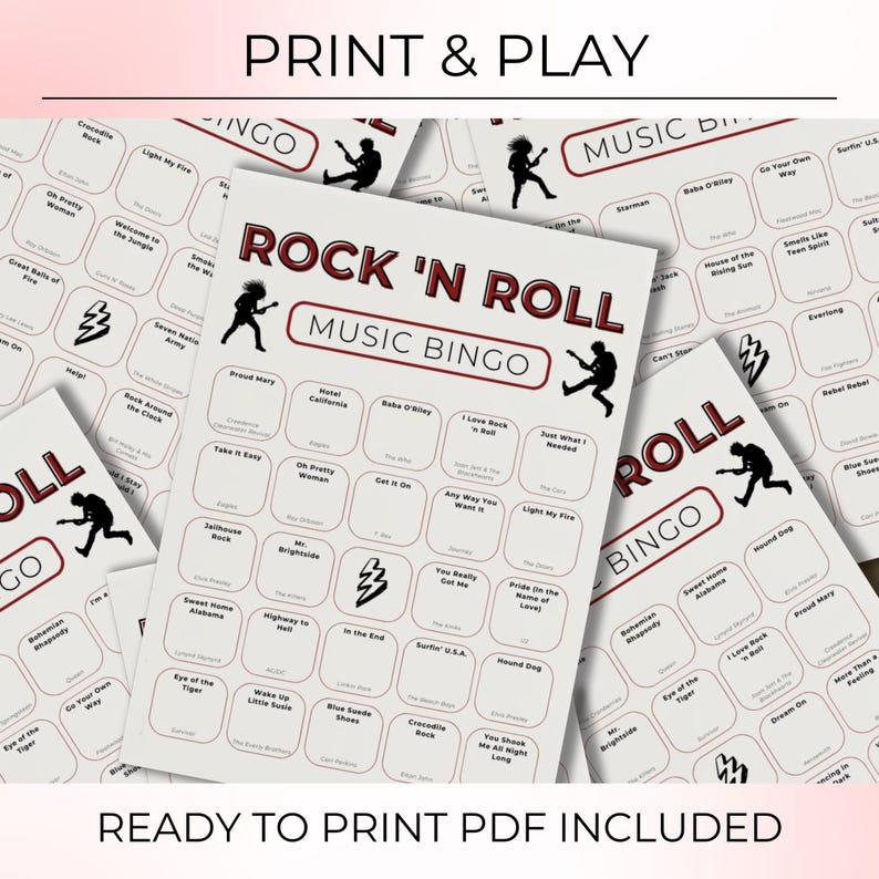 May include: Several Rock 'N Roll Music Bingo game cards are displayed. The cards are white with a red border and feature song titles and the words "Rock 'N Roll Music Bingo". The phrase "Print & Play" is at the top.