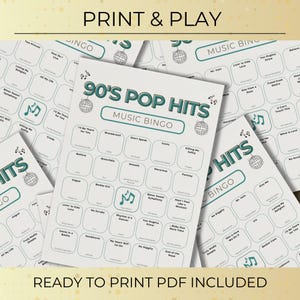 90s Music Bingo: 50 Printable Cards, Exciting Party Game with Spotify Playlist, Instant Digital Download