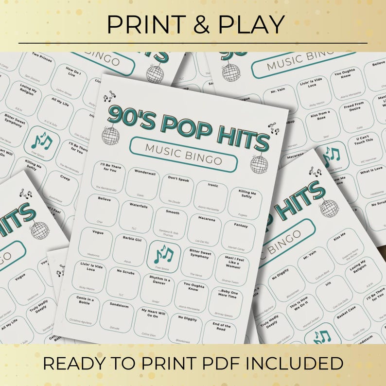 90s Music Bingo: 50 Printable Cards, Exciting Party Game with Spotify Playlist, Instant Digital Download