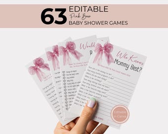 Rosa Schleifen-Babyparty Spiele zum Ausdrucken | Minimalist Pink Ribbon Party Spiele für Mädchen-Baby-Dusche BS01
