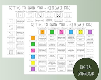 Leer je kennen ijsbreker, afdrukbaar bingospel, leuke teambuildingactiviteit, perfect voor feesten en evenementen, dobbelstenen, praten aan tafel