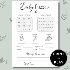 Raad de uitgerekende datum en het gewicht, babyshowerspel, raad baby's geslacht, afdrukbare babyvoorspellings- en advieskaarten